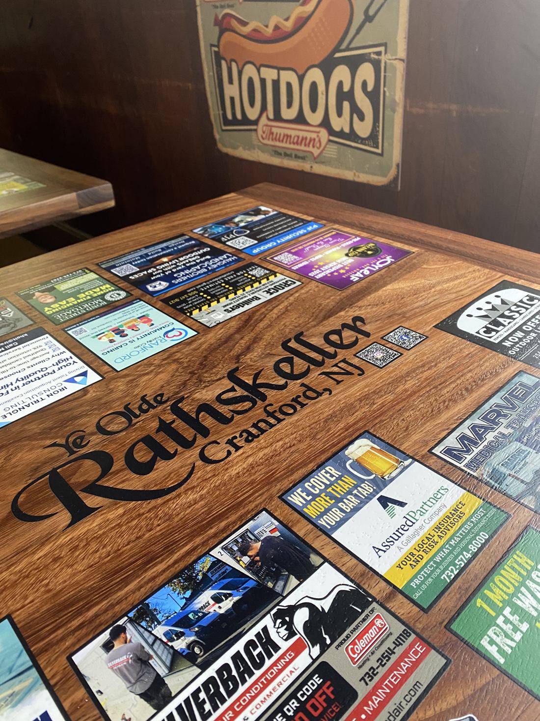 Angled view of a finished tabletop showing the wood grain through the print