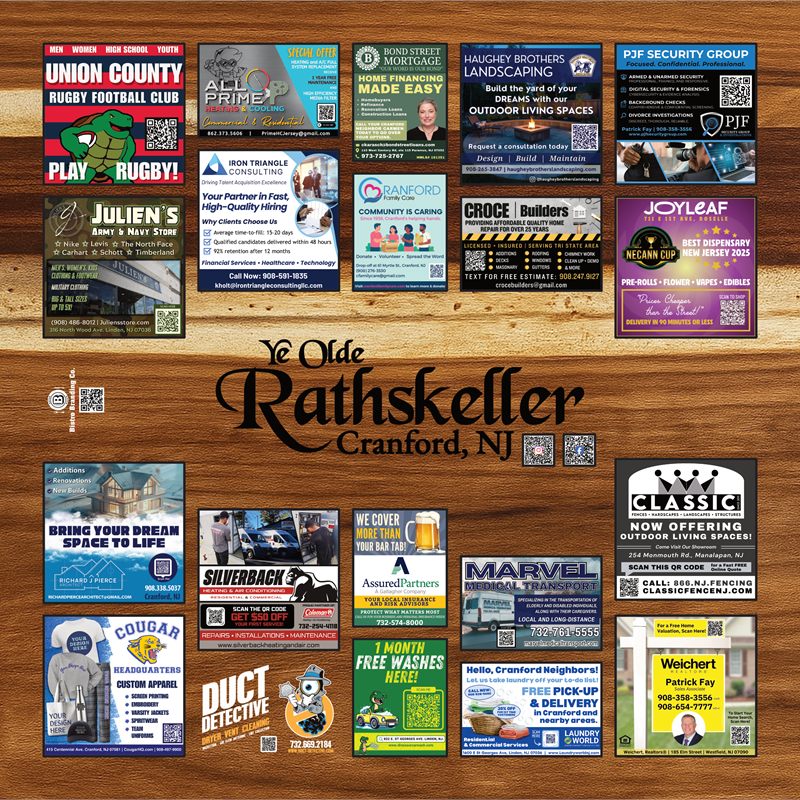Top-down layout of a finished tabletop: sponsor ads arranged around the restaurant's name